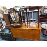 A MAHOGANY OVAL TWO TIER TABLE, A MAHOGANY FRAMED 3-FOLD MIRROR, ANOTHER MIRROR, A SHIELD SHAPED DRE