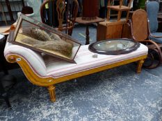 A COLEFAX AND FOWLER CHAISE LONGUE PAINTED WITH LAUREL SWAGS ON A YELLOW GROUND