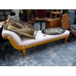 A COLEFAX AND FOWLER CHAISE LONGUE PAINTED WITH LAUREL SWAGS ON A YELLOW GROUND