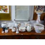 TWO FURNIVALS FLORAL JUGS, A CHAMBER POT, SWANS, A HUMMELL FIGURE AND A PLANTER ON STAND