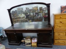 A 19th C. ROSEWOOD SIDEBOARD WITH THREE APRON DRAWERS OVER CUPBOARDS AT EACH END. W 228 x D 65 x H