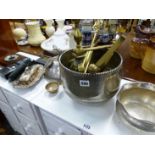 LARGE PLATED PUNCH BOWL AND COVER, BRASS FIRE DOGS, A RADIO, ETC.