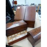 A VICTORIAN MAHOGANY STATIONERY BOX, TWO TEA CADDIES, A SMALL GAMES BOX AND ONE OTHER.