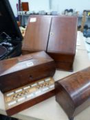 A VICTORIAN MAHOGANY STATIONERY BOX, TWO TEA CADDIES, A SMALL GAMES BOX AND ONE OTHER.