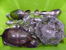 A COLLECTION OF VARIOUS HALLMARKED SILVER SPOONS A SAUCE BOAT, PIERCED BONBON DISH ETC