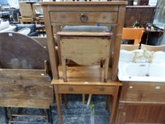 TWO PINE SINGLE DRAWER TABLES TOGETHER WITH A PINE COMMODE