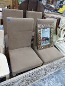 A SET OF FOUR MUSHROOM BROWN UPHOLSTERED CHAIRS ON BEECH TAPERING SQUARE LEGS