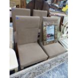 A SET OF FOUR MUSHROOM BROWN UPHOLSTERED CHAIRS ON BEECH TAPERING SQUARE LEGS