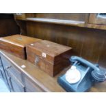 TWO ANTIQUE WORK BOXES AND A BAKELITE TELEPHONE.