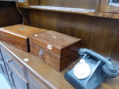 TWO ANTIQUE WORK BOXES AND A BAKELITE TELEPHONE.