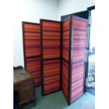 A MAHOGANY FRAMED 6-FOLD SCREEN, EACH FOLD WITH TWO RED AND OCHRE HORIZONTALLY STRIPED TEXTILE