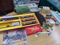 A TRIANG TRAIN SET AND VARIOUS ACCESSORIES.