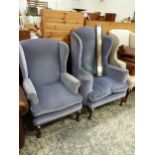 TWO WING ARM CHAIRS UPHOLSTERED IN GREY/BLUE VELVET