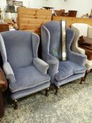 TWO WING ARM CHAIRS UPHOLSTERED IN GREY/BLUE VELVET