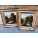 19th/20th.C. ENGLISH SCHOOL. PAIR OF WOODED RIVER VIEWS, OIL ON BOARD, 30 x 25cms (2).