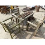 A TEAK GARDEN TABLE AND THREE CHAIRS