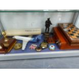 A BEA MODEL AEROPLANE, A COLD CAST BRONZE SOLDIER, A WOODEN CHESS SET IN FOLDING BOARD, PRESENTATION