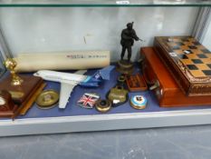 A BEA MODEL AEROPLANE, A COLD CAST BRONZE SOLDIER, A WOODEN CHESS SET IN FOLDING BOARD, PRESENTATION