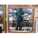 A MID CENTURY TEAK SQUARE FRAME MIRROR, 54 x 54cms. TOGETHER WITH A GILT FRAME MIRROR AND TWO