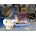 A COPPER COAL BUCKET, A SLIDE PROJECTOR, MAGAZINES, TABLE LINEN AND FRAMED PICTURES