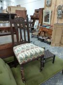 AN ART NOUVEAU MAHOGANY SIDE CHAIR TOGETHER WITH A RUSH SEATED FOOT STOOL