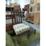 AN ART NOUVEAU MAHOGANY SIDE CHAIR TOGETHER WITH A RUSH SEATED FOOT STOOL