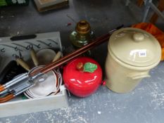 COOKING POTS, STORAGE CROCKS, AN OIL LAMP AND TWO SHOOTING STICKS