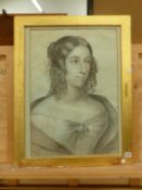 19th.C. SCHOOL. PORTRAIT OF A YOUNG LADY, CHARCOAL DRAWING, 58 x 40cms.