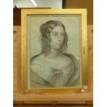 19th.C. SCHOOL. PORTRAIT OF A YOUNG LADY, CHARCOAL DRAWING, 58 x 40cms.