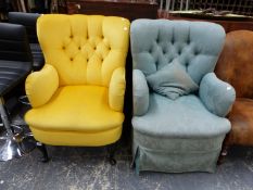 A YELLOW AND A BLUE BUTTON BACKED ARMCHAIR