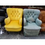 A YELLOW AND A BLUE BUTTON BACKED ARMCHAIR