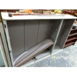 A GREY PAINTED DISPLAY CABINET, THE THREE GLAZED DOORS OVER ADJUSTABLE SHELVING