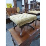 A ROSEWOOD STOOL WITH BEIGE VELVET BUTTONED SEAT