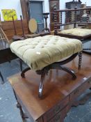 A ROSEWOOD STOOL WITH BEIGE VELVET BUTTONED SEAT