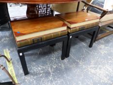 A PAIR OF PAINTED BEDSIDE TABLES, THE TOPS MODELLED AS TWO BOOKS