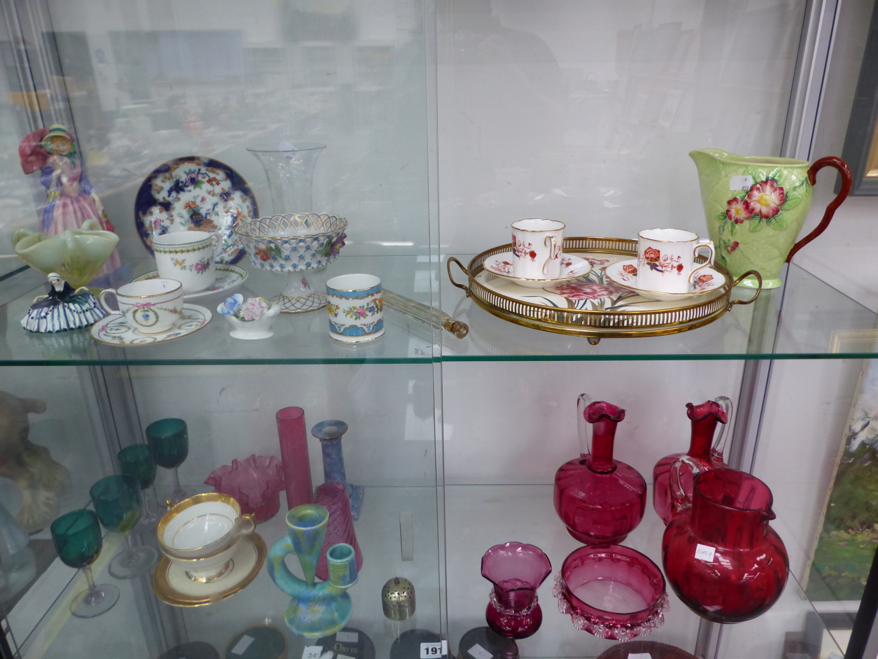 CRANBERRY AND OTHER GLASS, TEA AND COFFEE WARES, A DOULTON FIGURE AND A CARLTON JUG