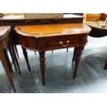A ROSEWOOD CROSS BANDED MAHOGANY SINGLE DRAWER TABLE ON CARVED AND FLUTED TAPERING CYLINDRICAL LEGS
