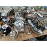 A SILVER PLATED BISCUIT BOX, AND VARIOUS OTHER SILVER PLATED WARES INC. TRAYS ETC.