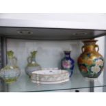 A PAIR OF JAPANESE PORCELAIN EWERS, A SATSUMA TYPE VASE, A CHINESE CLOISONNE VASE AND A