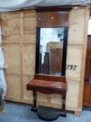 A BIEDERMEIER TASTE EBONY AND MAHOGANY PIER GLASS AND TABLE. THE MIRROR FRAME. H 153 x W 78cms.