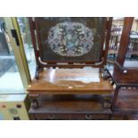 A MAHOGANY FRAMED NEEDLEWORK FIRESCREEN, A MAHOGANY LOW TABLE AND A SATIN WOOD BANDED MAHOGANY TWO