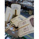 A BOX OF VINTAGE ADVERTISING FANS AND VARIOUS EPHEMERA