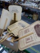 A BOX OF VINTAGE ADVERTISING FANS AND VARIOUS EPHEMERA