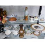 DOULTON AND COLCLOUGH TEA WARES, FIGURES, ORNAMENTS AND A PRINTED PRATT WARE TAZZA