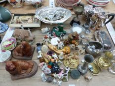 A SMALL COLLECTION OF SILVER PLATED WARES, VARIOUS DOG AND OTHER ORNAMENTS ETC.