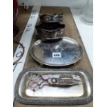 A PAIR OF OLD SHEFFIELD PLATE COASTERS, A SMALL GEORGIAN TEA POT STAND, CANDLE SNUFFERS AND TRAY.