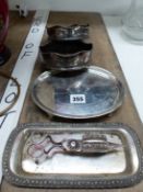 A PAIR OF OLD SHEFFIELD PLATE COASTERS, A SMALL GEORGIAN TEA POT STAND, CANDLE SNUFFERS AND TRAY.