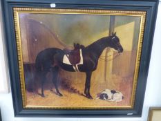 A DECORATIVE PICTURE OF A HORSE AND DOG.