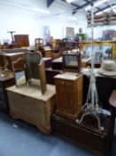 A PINE COFFER, A BEDSIDE CUPBOARD, AN OAK COFFER, TWO DRESSING TABLE MIRRORS AND A WROUGHT IRON