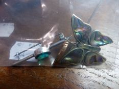 A MEXICAN SILVER INLAID BUTTERFLY BROOCH, A FURTHER SILVER BAR BROOCH, AND A GOLDSTONE STICK PIN.